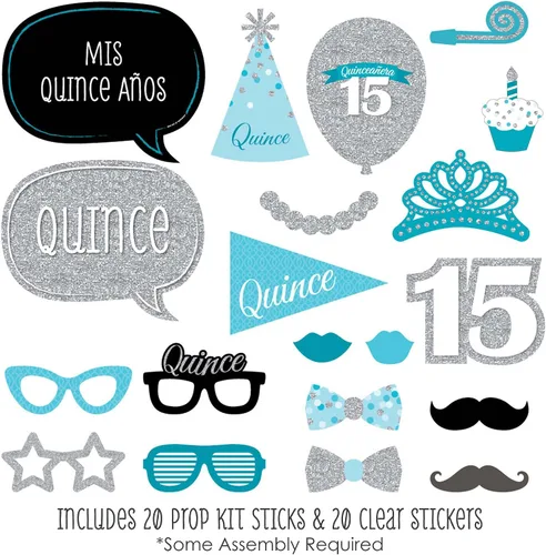 Vista 2 de Big Dot of Happiness Quinceanera Teal - Kit de accesorios para cabina de fotos para fiesta de cumpleaños de 15 años, 20