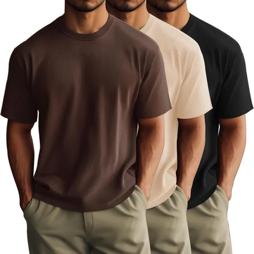Vista 9 de Huukeay Paquete de 3 camisetas para hombre, cuello redondo, manga corta, de punto acanalado, camisetas casuales elegantes