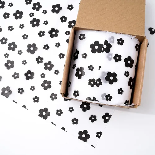 Vista 6 de Whaline 100 hojas de papel de seda bohemio con margaritas color negro y blanco, papel de regalo floral para manualidades, manualidades, flores