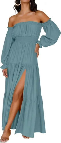 Vista 136 de ZESICA - Vestido largo, bohemio y sexy, con hombros descubiertos y manga larga fruncida, con elástico fruncido, cintura alta y abertura lateral