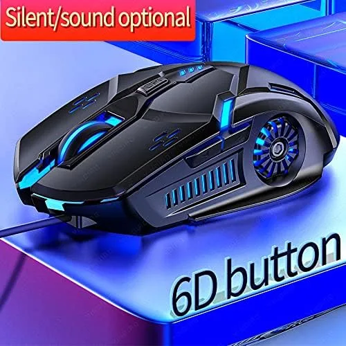 Vista 2 de Mouse para juegos con cable, 6 botones, 4 DPI ajustables hasta 3200 DPI, 7 luces LED circulares y de respiración, mouse multifunción con cable