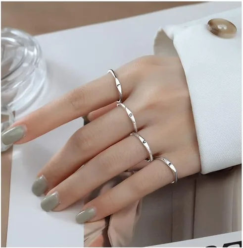 Vista 5 de Anillo de inicial para mujer, lindo anillo ajustable con letras mayúsculas de plata apilable