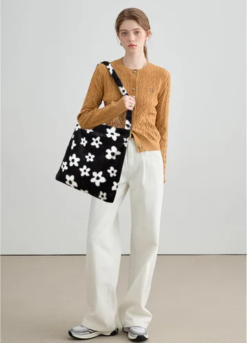 Vista 5 de Bolso de mano peludo y esponjoso, bolso grande y mullido, lindo bolso de felpa con cremallera para mujeres y niñas, bolso de hombro de piel