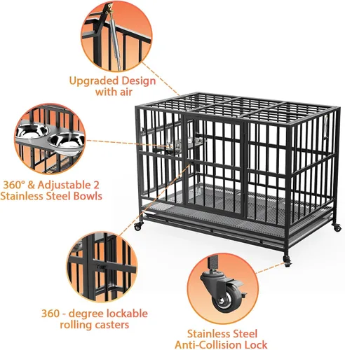 Vista 3 de LOVMOR Jaula para perros resistente de 37 pulgadas con ruedas/varilla de elevación de aire única, 360° y 2 cuencos ajustables, jaula para perros