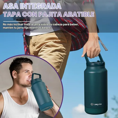 Vista 3 de Botella de agua aislada de 64 onzas, vaso de acero inoxidable al vacío de medio galón con tapa abatible con popote y asa superior, mantiene las Caqui