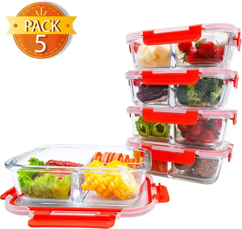 Vista 7 de BlueHills Recipientes de vidrio prémium para preparación de comidas con tapas rojas de cierre a presión, recipientes de alimentos de vidrio sin BPA
