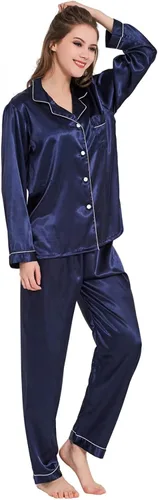 Vista 6 de Conjunto de pijama de seda para mujer, conjunto de pijama de manga larga de dos piezas, conjunto de pijama con botones, ropa de dormir