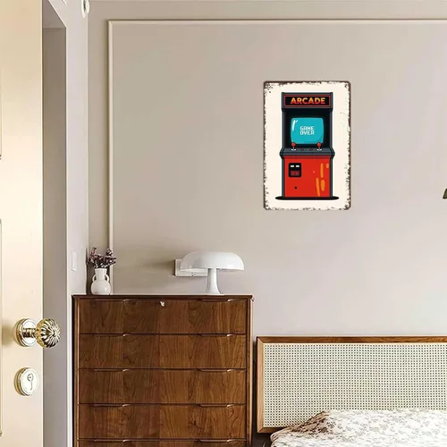 Vista 4 de Carteles de metal divertidos retro de arcade, arte de pared de los años 70, letrero de hojalata divertido para decoración del hogar, habitación