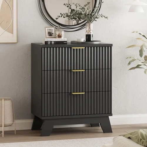 Vista 3 de Cómoda acanalada para dormitorio con 3 cajones, cómoda moderna de 24 pulgadas de ancho con mango de metal, soporte de TV de madera, armario de Negro