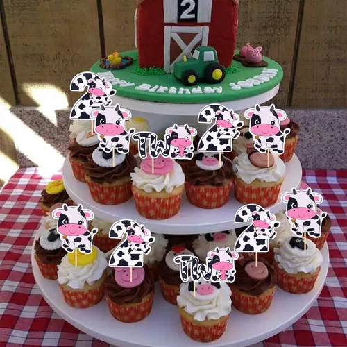 Vista 3 de Rsstarxi Paquete de 36 adornos para cupcakes con diseño de vaca, dos decoraciones para cupcakes de animales de granja con zoom de 2º cumpleaños