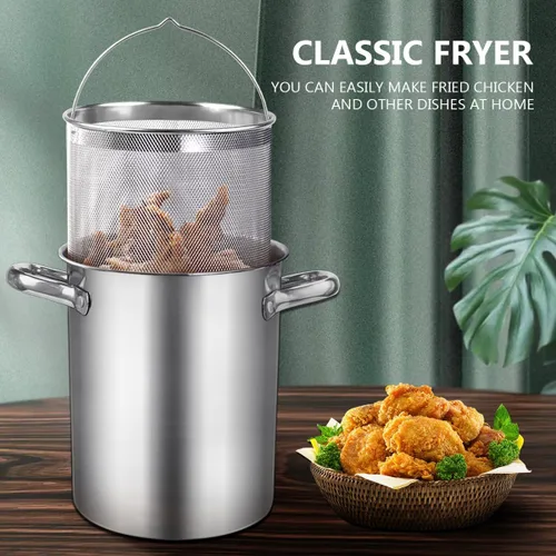 Vista 6 de Freidora con tapa y cesta – Vaporizador de espárragos de acero inoxidable 2 en 1 olla con vapor de malla para papas fritas, pollo, cocinar verduras