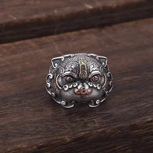 Vista 2 de KOINEN Three Tone 925 Sterling Silver Chinese Mythical Animal PIXIU Ring for Men Women Open and Adjustable