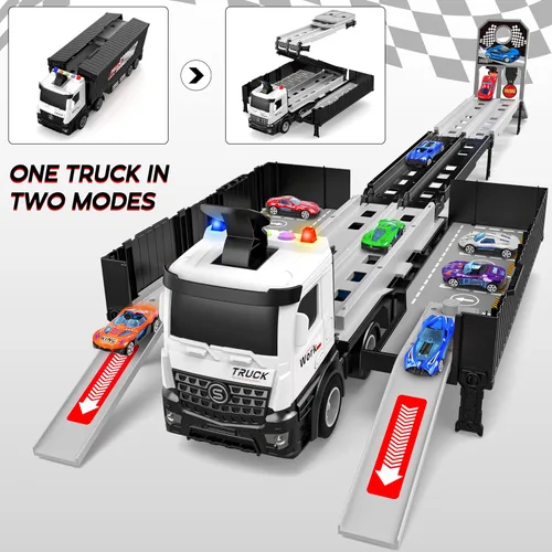 Vista 5 de Camión de carreras para niños, juguete plegable de 3 capas para niños, camión de juguete para transportar autos y 8 autos de carreras, juguetes