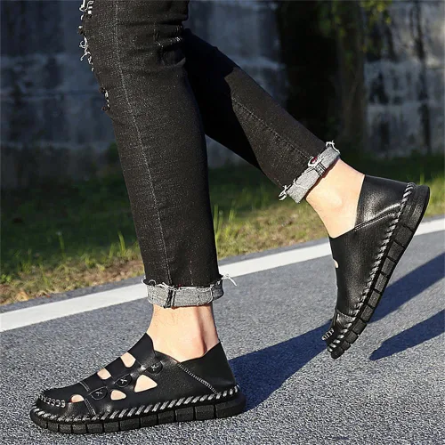 Vista 2 de Sandalias de cuero para hombre, sandalias de senderismo para playa, zapatos cómodos de verano, zapatos de senderismo, deportes al aire libre