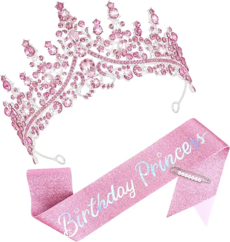 Vista 10 de CAVETEE Corona y banda de princesa de cumpleaños, corona de cumpleaños con banda de purpurina para decoraciones de fiesta de princesa, accesorios