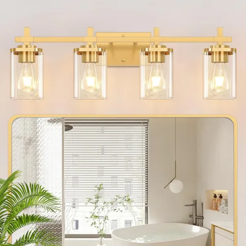 Vista 12 de 2 luces de tocador de baño, accesorios de luz de tocador negro mate sobre espejo, apliques de pared modernos con pantalla de vidrio transparente
