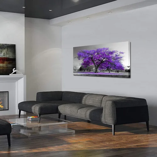 Vista 3 de KREATIVE ARTS Impresiones en lienzo con marco de árbol morado, arte de pared con paisaje de árbol grande, imagen contemporánea para decoración