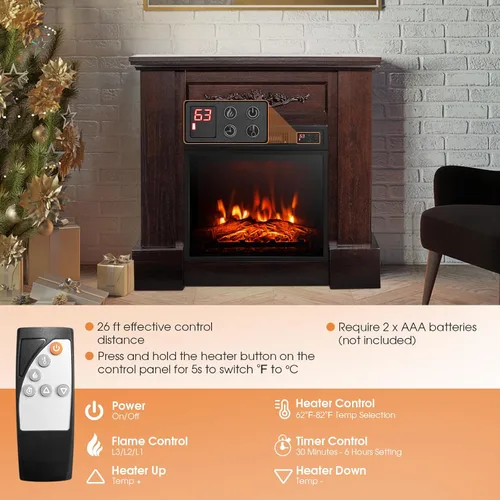 Vista 2 de Tangkula Chimenea eléctrica de 1400 W de 32 pulgadas con chimenea, calentador independiente con efecto de llama 3D, control remoto, termostato
