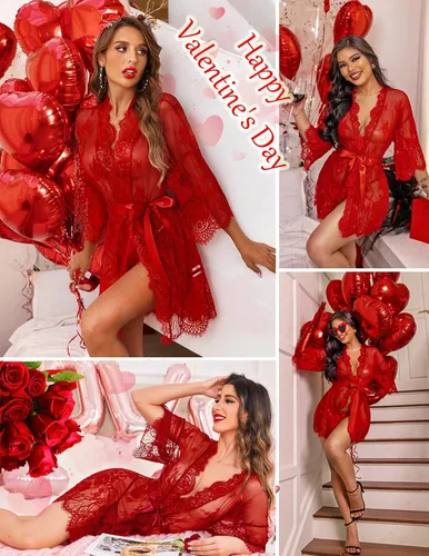 Vista 4 de Avidlove - Kimono de encaje para mujer, tipo babydoll, camisón de malla de lencería de talla S-5XL