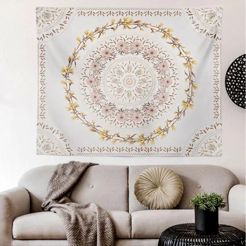 Vista 9 de Tapiz bohemio naranja para colgar en la pared, medallón floral de mandala, tapiz hippie con diseño de corona estética marrón claro, manta de Crema