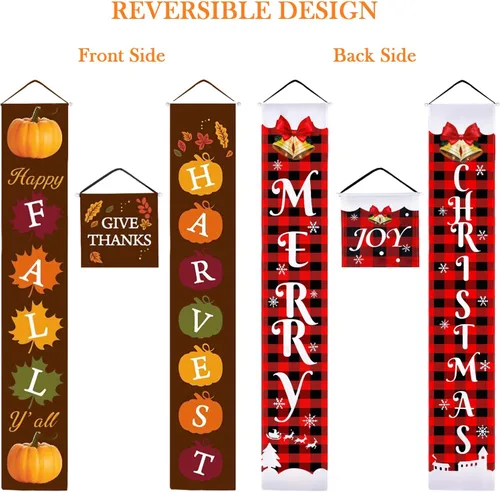 Vista 6 de Cartel reversible de Navidad y Acción de Gracias de 3 piezas, cartel de porche de Feliz Navidad y cosecha de otoño, cartel colgante a cuadros