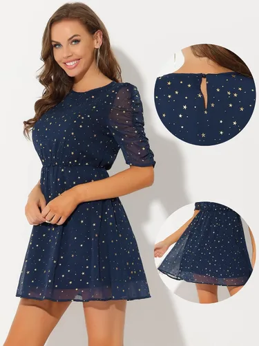 Vista 2 de Allegra K Vestido de gasa acampanado para mujer, vestido corto de manga fruncida con estrellas metálicas doradas