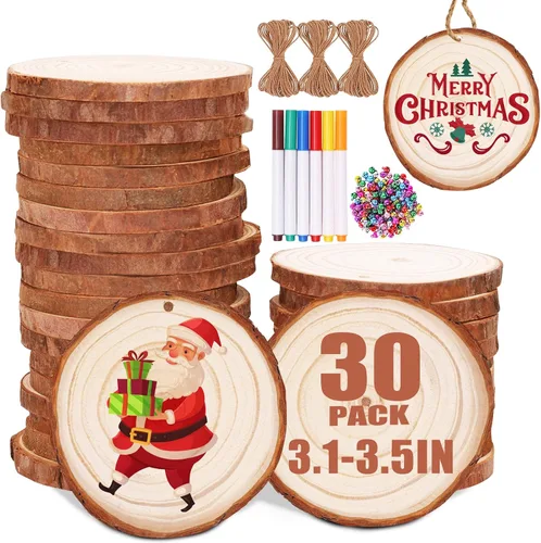 Vista 8 de Max Fun Juego de 30 rebanadas de madera natural de 2.4 a 2.8 pulgadas, adornos de Navidad sin terminar preperforados con agujero, círculos de madera