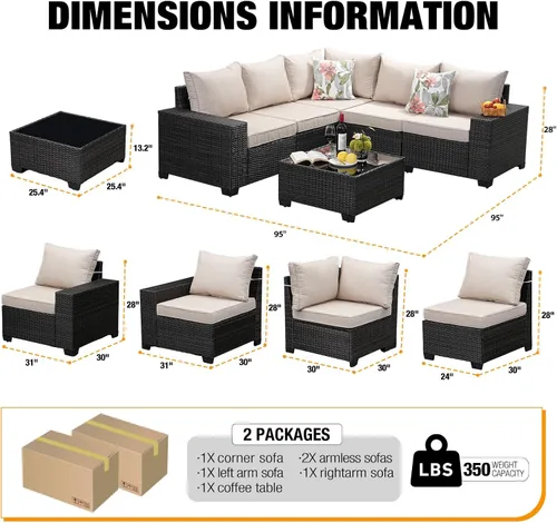 Vista 3 de JOYURE Juego de muebles de patio de 6 piezas para todo tipo de clima, sofá seccional de mimbre para conversación, sofá de ratán con cojín y mesa