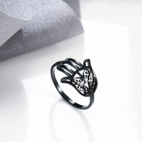 Vista 3 de Amaxer Hallow out Hamsa Hand of Fatima Evil Eye - Anillo de acero inoxidable para mujer