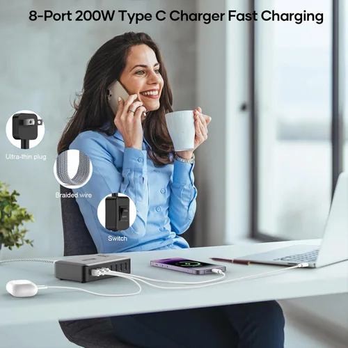Vista 7 de Bloque de carga rápida USB C de 200 W, estación de carga de 8 puertos para iPhone/iPad/MacBook, caja de cargador 4C4A GaN, cargadores múltiples