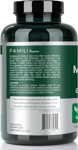 Vista 8 de FAMILI+ Magnesio 400mg Extracto de té verde orgánico 100 mg L-teanina, suplemento de magnesio para músculos, huesos, corazón, alivio del estrés