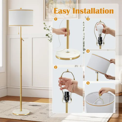 Vista 7 de GyroVu Lámpara de pie de mármol para sala de estar, lámpara de pie de altura ajustable con base de mármol, lámpara alta con pantalla blanca
