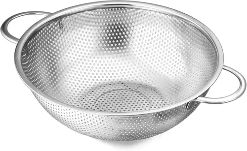 Vista 9 de E-far Juego de 3 coladores de acero inoxidable (1-3-5 cuartos de galón), colador de metal microperforado con mango para cocina/escurrimiento