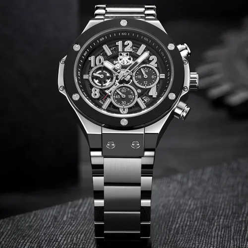 Vista 8 de SENSETONE Mens Watches Quartz Movement Chronograph Stainless Steel Black Strap Fashion Business Sport 30M Waterproof Big Dial Wristwatch Elegant
