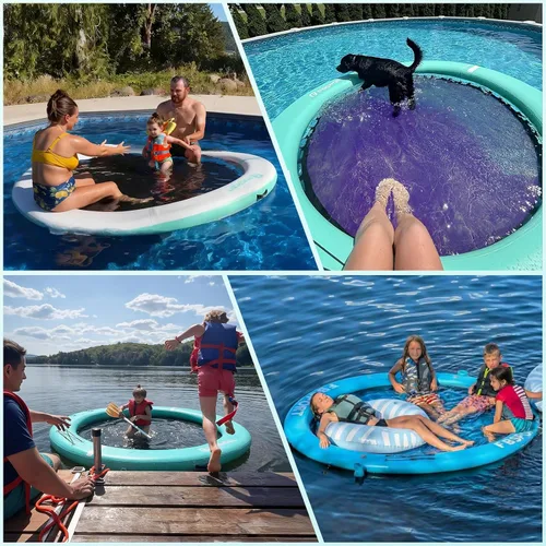 Vista 3 de FBSPORT Hamaca inflable de agua redonda flotante, 10/8/6 pies, plataforma flotante para lago con portavasos, flotador solar, balsa fría, anillo