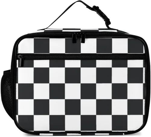 Vista 2 de Lonchera reutilizable con diseño a cuadros y negro y blanco con aislamiento, bolsa de almuerzo para comida y comida, bolsa de mano para mujeres