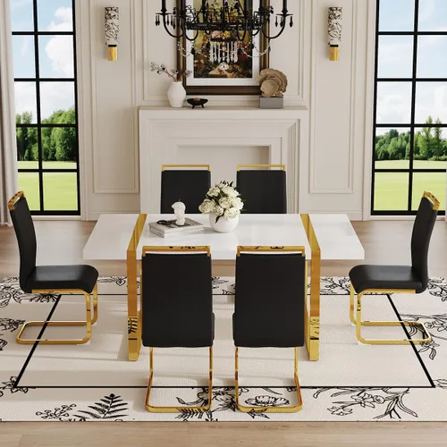 Vista 2 de Ebullient Juego de Mesa de Cocina Rectangular de MDF Blanca y Sillas de Comedor de Cuero Set de 6, Mesa de Comedor con Marco de Metal Dorado Moderno