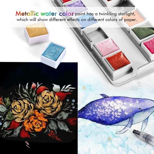 Vista 5 de Emooqi Juego de pinturas de acuarela, pintura sólida de acuarela con purpurina metálica, incluye 12 colores metálicos con purpurina, 2 pinceles