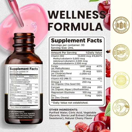 Vista 3 de Complejo de vitamina B12 de 10000 mcg Suplemento sublingual triple líquido B-12 gotas Mezcla de metilcobalamina y adenosilcobalamina e hidroxo