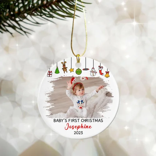 Vista 3 de Agregar foto Adorno de cerámica de la primera Navidad del bebé 2025, imagen personalizada del primer árbol de adorno de Navidad del bebé, adorno