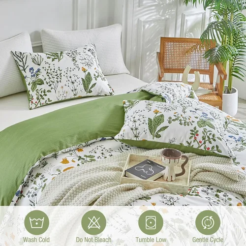 Vista 8 de Lekesky - Juego de funda de edredón de algodón tamaño queen, 100% algodón reversible con estampado floral verde, juego de funda de edredón