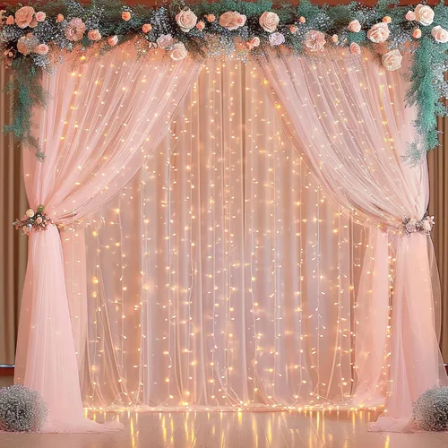 Vista 10 de Cortina de telón de fondo de tul azul bebé de 10 x 8 pies con cadena de luces para fiestas, cortinas de fondo transparentes para bodas, baby shower