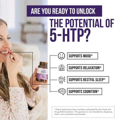 Vista 4 de 5-HTP Orgánico - 200 mg Concentración de 99% de 5HTP, más Vitamina B6 Cofactor y Lion’s Mane Extraído del Agua de Semillas de Griffonia