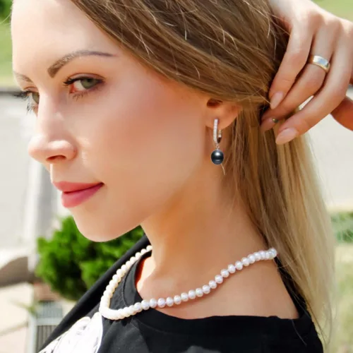 Vista 3 de Aretes colgantes de plata de ley 925 real de 8 a 0.354 in, color negro, blanco, gris, perlas cultivadas de agua dulce, joyería para mujeres y niñas