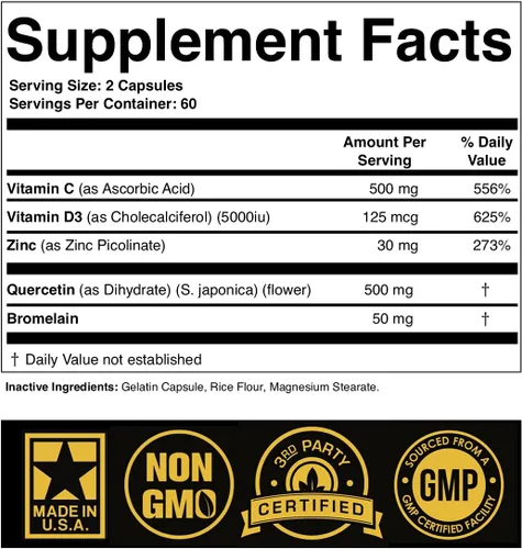 Vista 2 de Quercetina de Zinc 500mg con Vitamina C Vitamina D3 Bromelina Apoyo Inmunológico Quercetina de Alta Potencia Zinc Suplemento ZQV de SPARTIS