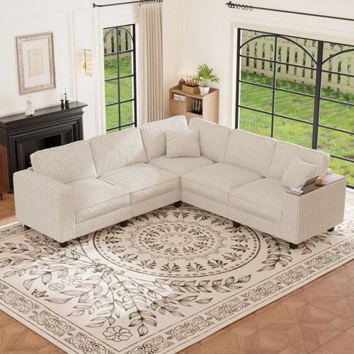 Vista 28 de Sofá seccional modular de 97 pulgadas con 5 asientos, sofá cómodo convertible en forma de L con almacenamiento en reposabrazos y dos almohadas