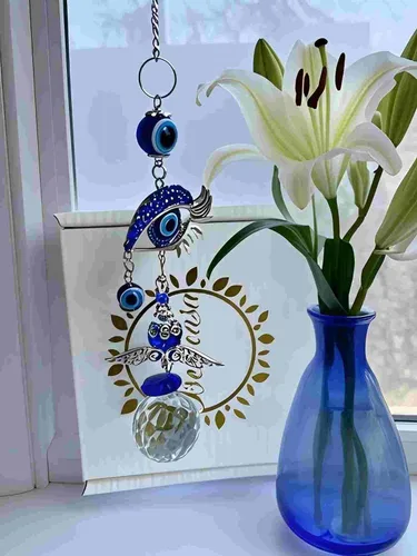 Vista 3 de Colgante de cristal azul con dije de ojo malvado, mariposa, ángel, girasol, talismán, atrapa el sol, hecho a mano, amuleto de buena suerte, oficina