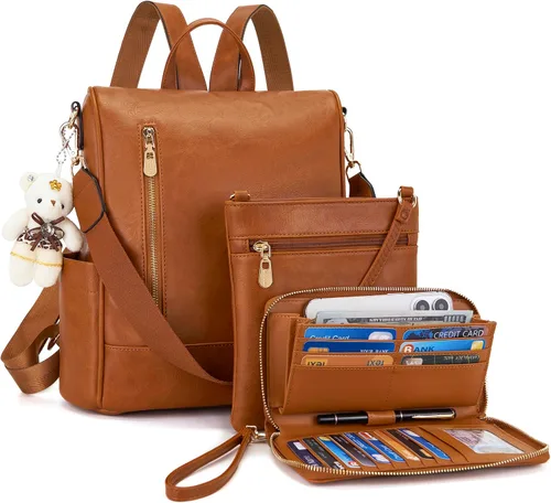 Vista 12 de Soperwillton Mochila de moda para mujer, bolso de hombro de cuero antirrobo, bolsa de viaje, múltiples bolsillos, cartera, juego de 3 piezas
