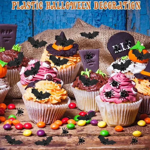Vista 3 de 200 piezas de mini arañas murciélagos decoraciones de Halloween, incluye murciélagos de plástico y arañas falsas, broma espeluznante de miedo