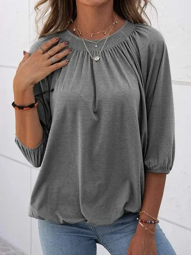 Vista 2 de Grlasen Blusa de algodón con cuello redondo para mujer, manga 34, casual, holgada, plisada, básica